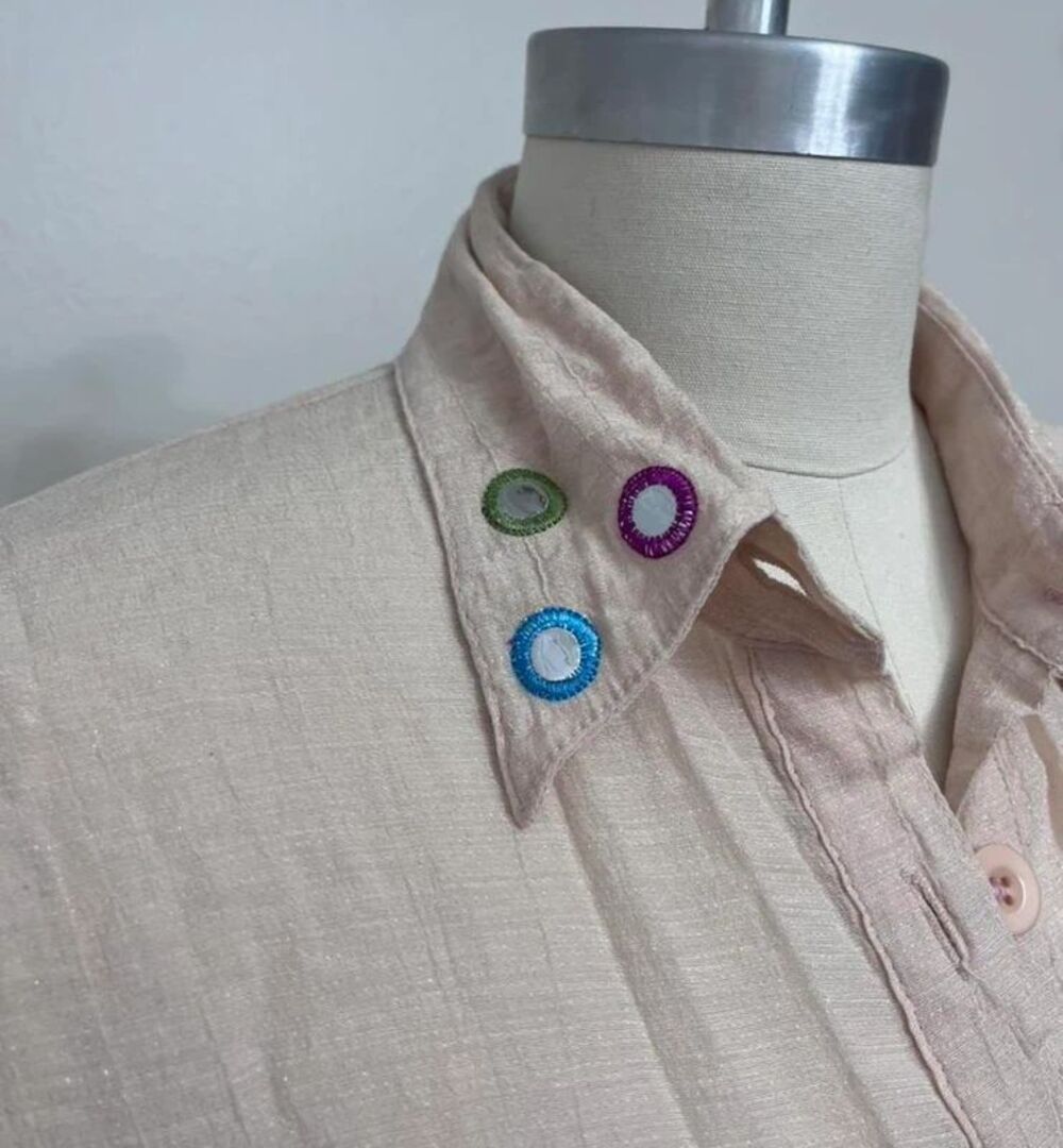 Vintage blush embroidered sequin blouse boho artsy button up